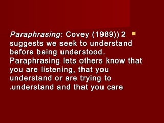 PPaarraapphhrraassiinngg:: CCoovveeyy ((11998899)) ( 22  
ssuuggggeessttss wwee sseeeekk ttoo uunnddeerrssttaanndd 
bbeeffoorree bbeeiinngg uunnddeerrssttoooodd.. 
PPaarraapphhrraassiinngg lleettss ootthheerrss kknnooww tthhaatt 
yyoouu aarree lliisstteenniinngg,, tthhaatt yyoouu 
uunnddeerrssttaanndd oorr aarree ttrryyiinngg ttoo 
..uunnddeerrssttaanndd aanndd tthhaatt yyoouu ccaarree 
 