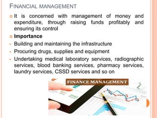 FINANCIAL MANAGEMENT
 It is concerned with management of money and
expenditure, through raising funds profitably and
ensuring its control
 Importance
 Building and maintaining the infrastructure
 Procuring drugs, supplies and equipment
 Undertaking medical laboratory services, radiographic
services, blood banking services, pharmacy services,
laundry services, CSSD services and so on
 