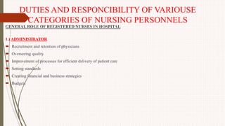 DUTIES AND RESPONCIBILITY OF VARIOUSE
CATEGORIES OF NURSING PERSONNELS
GENERAL ROLE OF REGISTERED NURSES IN HOSPITAL
1.) ADMINISTRATOR
 Recruitment and retention of physicians
 Overseeing quality
 Improvement of processes for efficient delivery of patient care
 Setting standards
 Creating financial and business strategies
 Budgets
 