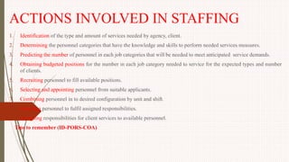 ACTIONS INVOLVED IN STAFFING
1. Identification of the type and amount of services needed by agency, client.
2. Determining the personnel categories that have the knowledge and skills to perform needed services measures.
3. Predicting the number of personnel in each job categories that will be needed to meet anticipated service demands.
4. Obtaining budgeted positions for the number in each job category needed to service for the expected types and number
of clients.
5. Recruiting personnel to fill available positions.
6. Selecting and appointing personnel from suitable applicants.
7. Combining personnel in to desired configuration by unit and shift.
8. Orienting personnel to fulfil assigned responsibilities.
9. Assigning responsibilities for client services to available personnel.
Tips to remember (ID-PORS-COA)
 