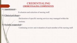 CREDENTIALING
CREDENTIALING COMPONENTS
1.) Appointment:-
Evaluation and selection of nursing staff.
2.) Clinical privileges:-
Declaration of specific nursing services may managed within the
institute.
3.) Periodic reappraisal:-
Continuing review and evaluation of each member of the nursing staff.
 