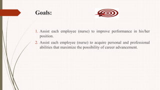 Goals:
1. Assist each employee (nurse) to improve performance in his/her
position.
2. Assist each employee (nurse) to acquire personal and professional
abilities that maximize the possibility of career advancement.
 