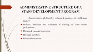 ADMINISTRATIVE STRUCTURE OF A
STAFF DEVELOPMENT PROGRAM
Administrative philosophy, policies & practices of health care
agency.
 Policies, practices and standards of nursing & other health
professionals.
 Human & material resources
 Physical facilities
 Financial resources
 