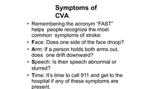Symptoms of
CVA
• Remembering the acronym “FAST”
helps people recognize the most
common symptoms of stroke:
• Face: Does one side of the face droop?
• Arm: If a person holds both arms out,
does one drift downward?
• Speech: Is their speech abnormal or
slurred?
• Time: It’s time to call 911 and get to the
hospital if any of these symptoms are
present.
 