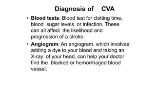 Diagnosis of CVA
• Blood tests: Blood test for clotting time,
blood sugar levels, or infection. These
can all affect the likelihood and
progression of a stroke.
• Angiogram: An angiogram, which involves
adding a dye to your blood and taking an
X-ray of your head, can help your doctor
find the blocked or hemorrhaged blood
vessel.
 