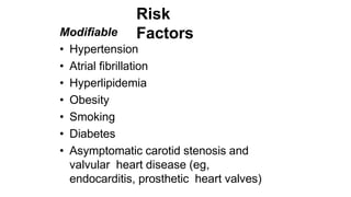Risk
Factors
Modifiable
• Hypertension
• Atrial ﬁbrillation
• Hyperlipidemia
• Obesity
• Smoking
• Diabetes
• Asymptomatic carotid stenosis and
valvular heart disease (eg,
endocarditis, prosthetic heart valves)
 