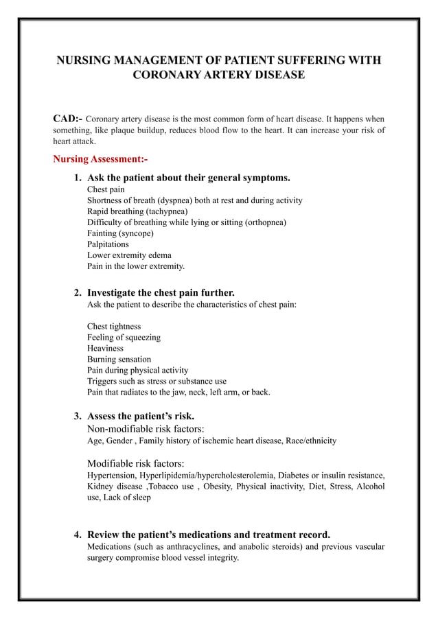 Nursing Management of patient suffering with Coronary Artery Disease | PDF
