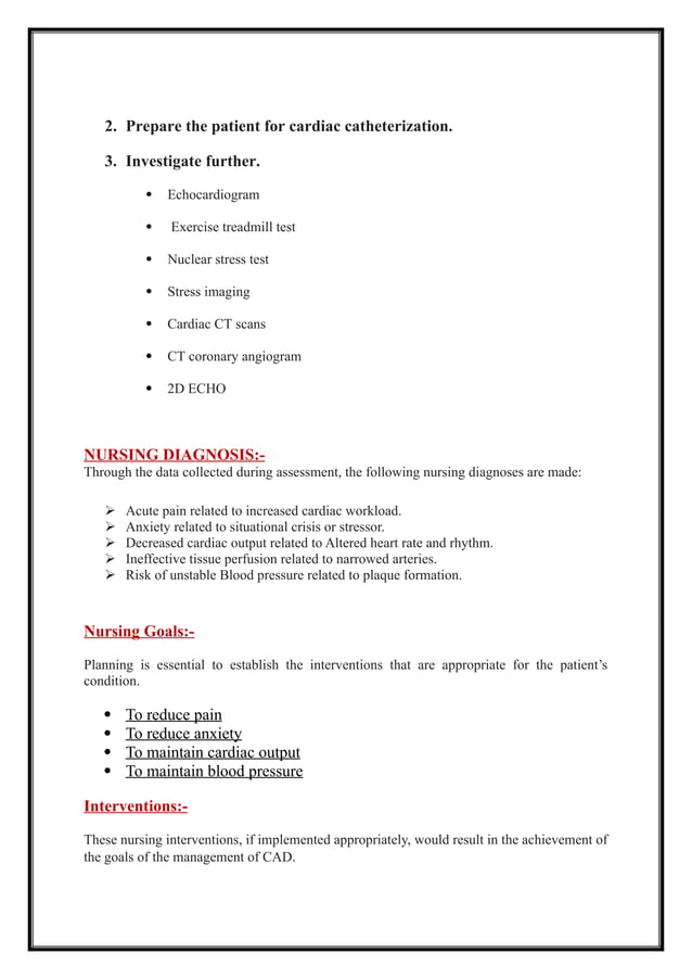 Nursing Management of patient suffering with Coronary Artery Disease | PDF