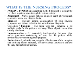 WHAT IS THE NURSING PROCESS?
• NURSING PROCESS; a scientific method designed to deliver the
very best in patient care, through five simple steps.
• Assessment – Nurses assess patients on an in-depth physiological,
economic, social and lifestyle basis.
• Diagnosis – Through careful consideration of both physical
symptoms and patient behavior, the nurse forms a diagnosis.
• Outcomes / Planning – The nurse uses their expertise to set
realistic goals for the patient’s recovery. These objectives are then
closely monitored.
• Implementation – By accurately implementing the care plan,
nurses guarantee consistency of care for the patient whilst
meticulously documenting their progress.
• Evaluation – By closely analyzing the effectiveness of the care plan
and studying patient response, the nurse hones the plan to achieve
the very best patient outcomes.
 