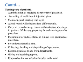 Contd…
Nursing care of patients.
Administration of medicine as per order of physician.
• Recording of medicines & injection given.
• Monitoring and charting vital signs
• Attend rounds with doctors from different units.
• Carryout procedures e.g. enema catheterization, dressings
irrigations, O2 therapy, preparing for and clearing up after
procedure.
• Preparation for and assistance in clinical tests and medical
procedure.
• Pre and postoperative care.
• Collecting, labeling and dispatching of specimens.
• Escorting patients to and from departments.
• Giving and receiving reports.
• Responsible for stocks/indent/articles in the ward
 