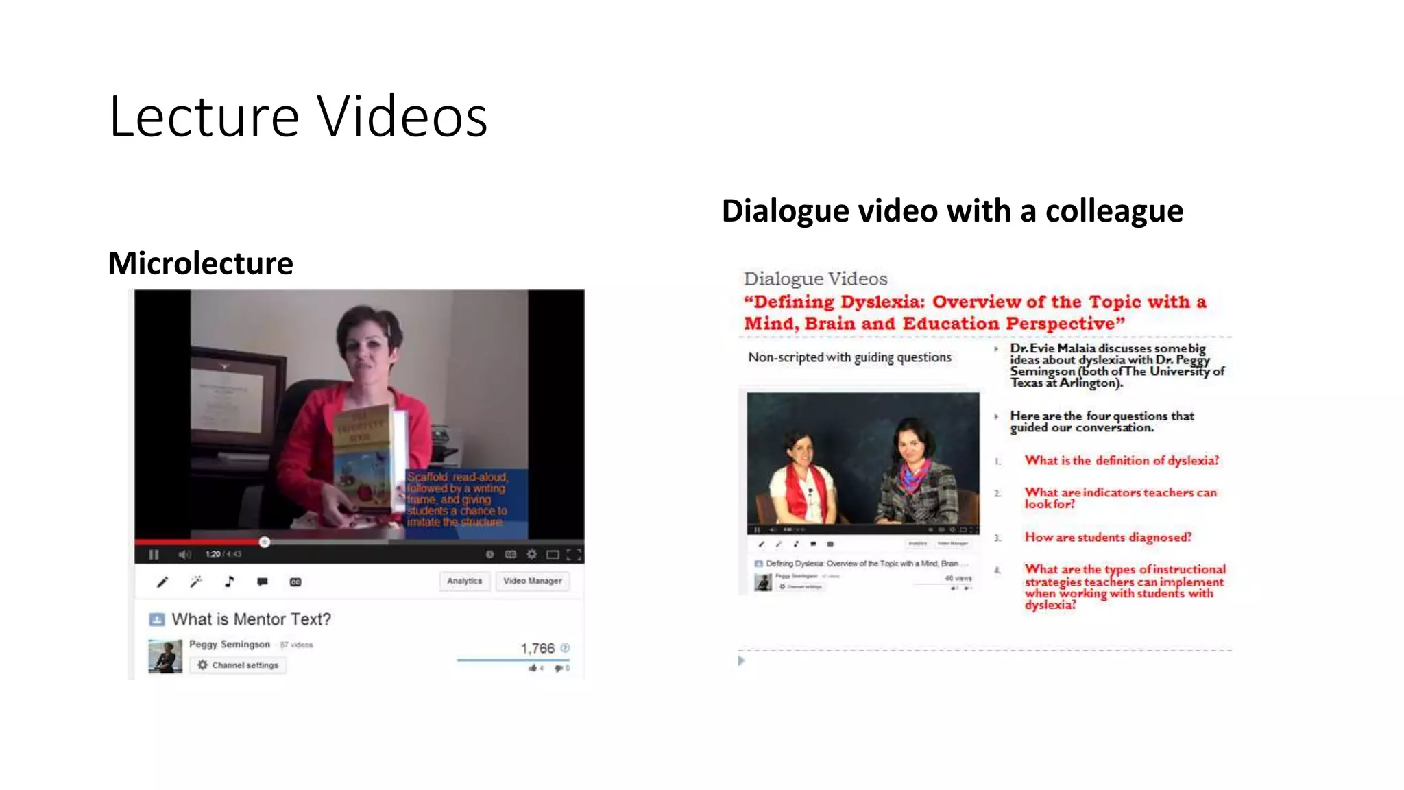 Lecture Videos
Microlecture
Dialogue video with a colleague
 