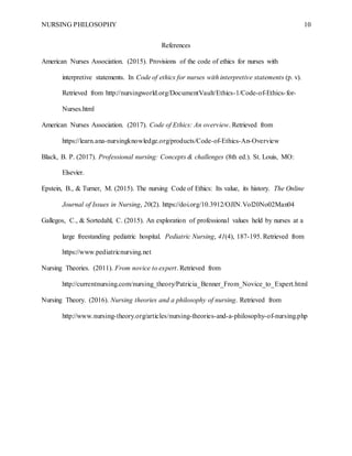 NURSING PHILOSOPHY 10
References
American Nurses Association. (2015). Provisions of the code of ethics for nurses with
interpretive statements. In Code of ethics for nurses with interpretive statements (p. v).
Retrieved from http://nursingworld.org/DocumentVault/Ethics-1/Code-of-Ethics-for-
Nurses.html
American Nurses Association. (2017). Code of Ethics: An overview. Retrieved from
https://learn.ana-nursingknowledge.org/products/Code-of-Ethics-An-Overview
Black, B. P. (2017). Professional nursing: Concepts & challenges (8th ed.). St. Louis, MO:
Elsevier.
Epstein, B., & Turner, M. (2015). The nursing Code of Ethics: Its value, its history. The Online
Journal of Issues in Nursing, 20(2). https://doi.org/10.3912/OJIN.Vol20No02Man04
Gallegos, C., & Sortedahl, C. (2015). An exploration of professional values held by nurses at a
large freestanding pediatric hospital. Pediatric Nursing, 41(4), 187-195. Retrieved from
https://www.pediatricnursing.net
Nursing Theories. (2011). From novice to expert. Retrieved from
http://currentnursing.com/nursing_theory/Patricia_Benner_From_Novice_to_Expert.html
Nursing Theory. (2016). Nursing theories and a philosophy of nursing. Retrieved from
http://www.nursing-theory.org/articles/nursing-theories-and-a-philosophy-of-nursing.php
 