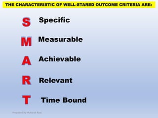 Specific
Measurable
Achievable
Relevant
Time Bound
THE CHARACTERISTIC OF WELL-STARED OUTCOME CRITERIA ARE:
Prepaired By Mubarak Raas
 