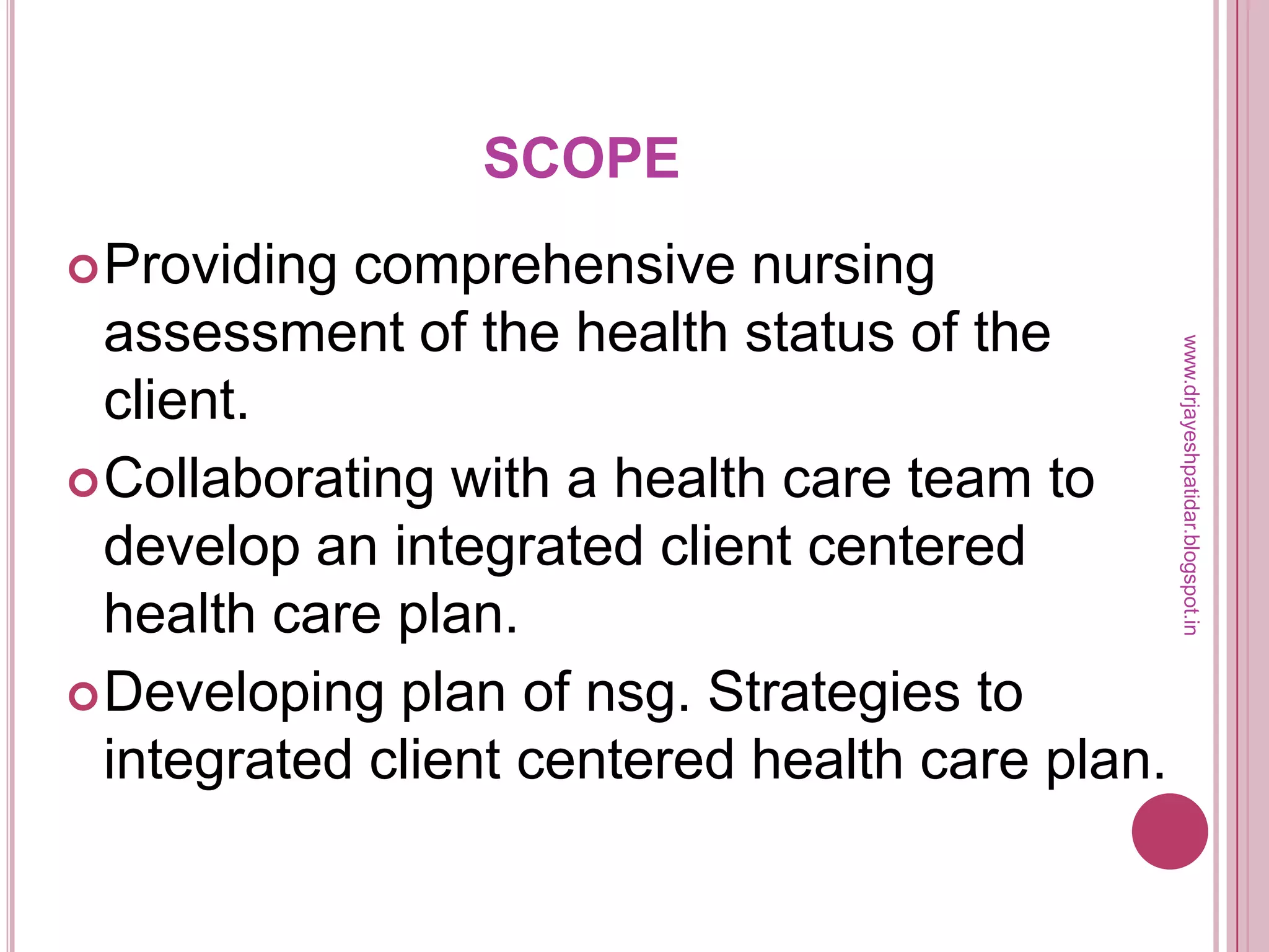 SCOPE
Providing comprehensive nursing
assessment of the health status of the
client.
Collaborating with a health care team to
develop an integrated client centered
health care plan.
Developing plan of nsg. Strategies to
integrated client centered health care plan.
www.drjayeshpatidar.blogspot.in
 