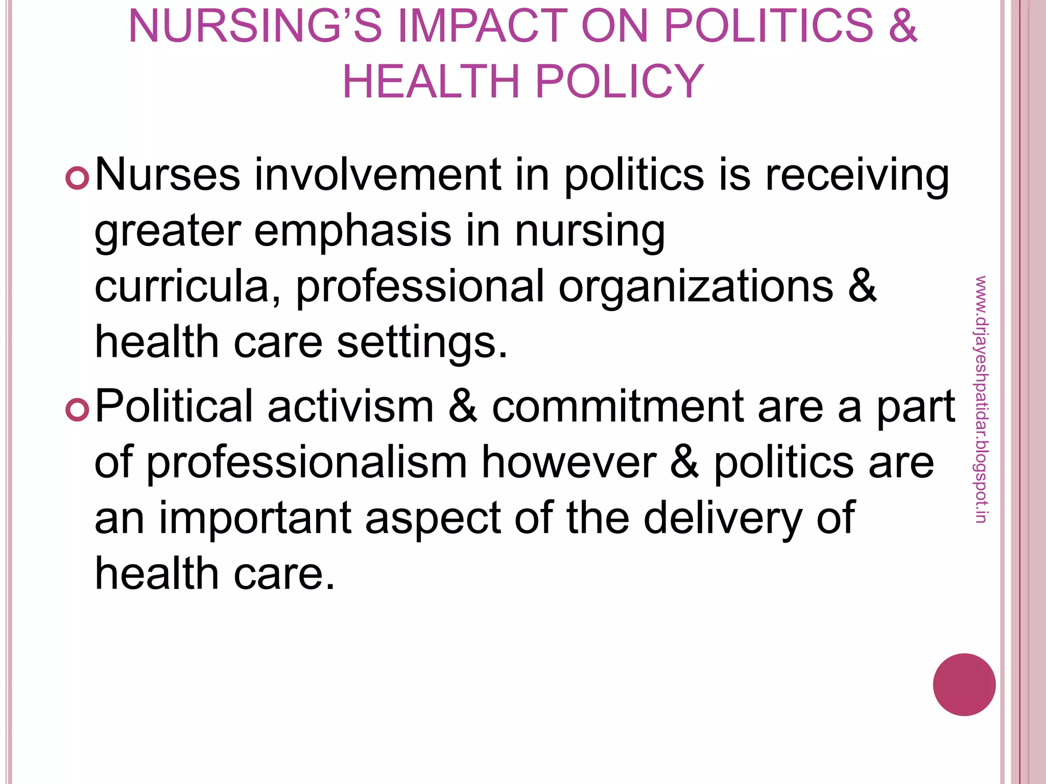 NURSING’S IMPACT ON POLITICS &
HEALTH POLICY
Nurses involvement in politics is receiving
greater emphasis in nursing
curricula, professional organizations &
health care settings.
Political activism & commitment are a part
of professionalism however & politics are
an important aspect of the delivery of
health care.
www.drjayeshpatidar.blogspot.in
 