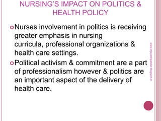 NURSING’S IMPACT ON POLITICS &
HEALTH POLICY
Nurses involvement in politics is receiving
greater emphasis in nursing
curricula, professional organizations &
health care settings.
Political activism & commitment are a part
of professionalism however & politics are
an important aspect of the delivery of
health care.
www.drjayeshpatidar.blogspot.in
 