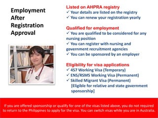 Employment
After
Registration
Approval
Listed on AHPRA registry
 Your details are listed on the registry
 You can renew your registration yearly
Qualified for employment
 You are qualified to be considered for any
nursing position
 You can register with nursing and
government recruitment agencies
 You can be sponsored by an employer
Eligibility for visa applications
 457 Working Visa (Temporary)
 ENS/RSMS Working Visa (Permanent)
 Skilled Migrant Visa (Permanent)
[Eligible for relative and state government
sponsorship]
If you are offered sponsorship or qualify for one of the visas listed above, you do not required
to return to the Philippines to apply for the visa. You can switch visas while you are in Australia.
 