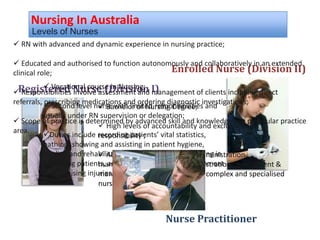 Enrolled Nurse (Division II)
 Bachelor of Nursing Degree;
 High levels of accountability and exclusive
responsibility ;
 Ability to undertake roles in administration,
management, medication administration, assessment &
management of clients including complex and specialised
nursing care, or education`.
Registered Nurse (Division I) Vocational course in Nursing;
 Second level nurse with limited responsibilities and
usually under RN supervision or delegation;
Duties include recording patients’ vital statistics,
bathing, showing and assisting in patient hygiene,
feeding and rehabilitation support, first aid, assisting in
educating patients, and maintaining a safe environment
& minimising injuries.
Nurse Practitioner
 RN with advanced and dynamic experience in nursing practice;
 Educated and authorised to function autonomously and collaboratively in an extended
clinical role;
 Responsibilities involve assessment and management of clients including direct
referrals, prescribing medications and ordering diagnostic investigations;
 Scope of practice is determined by advanced skill and knowledge in a particular practice
area.
Levels of Nurses
Nursing In Australia
 