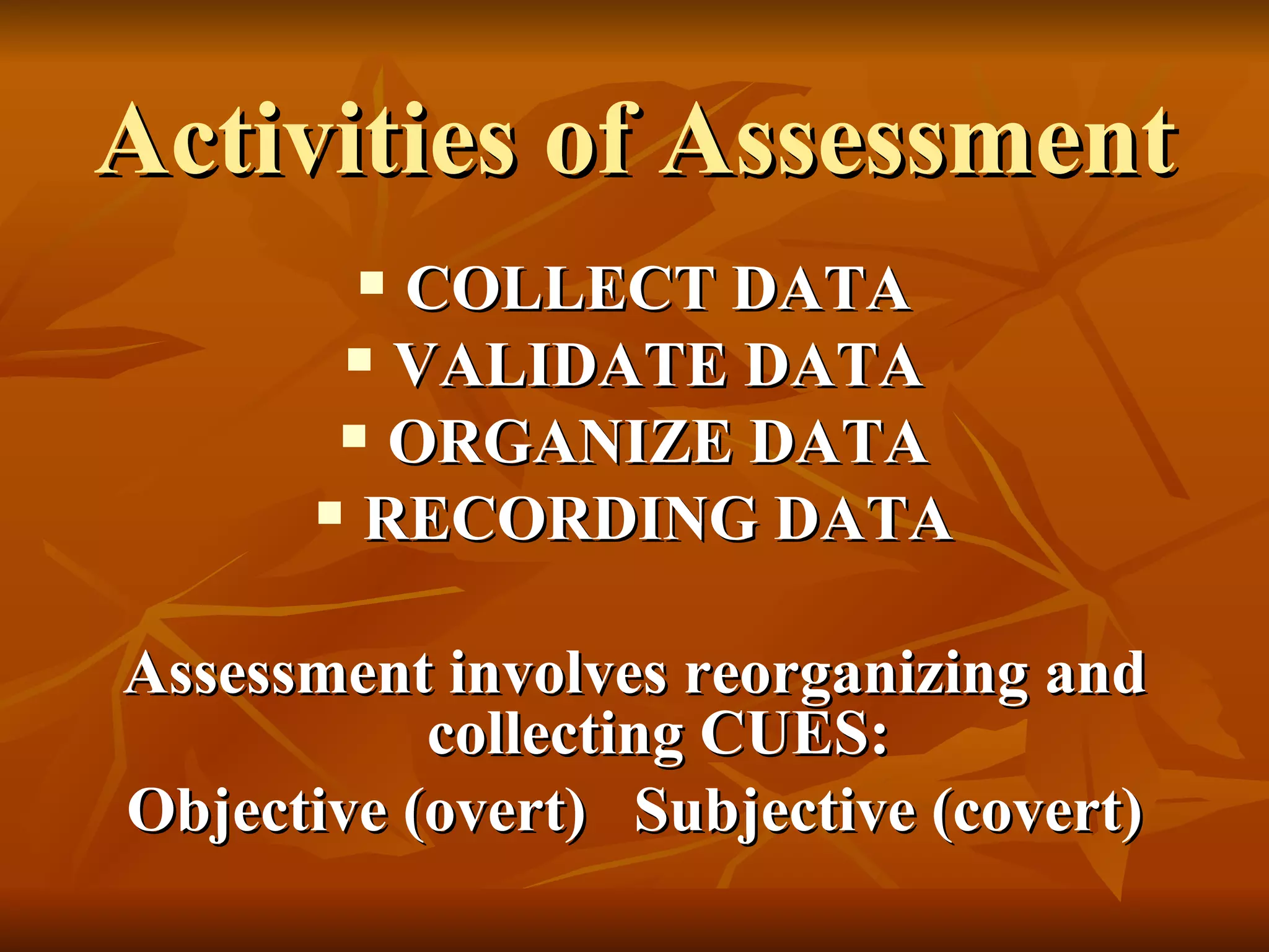 Activities of Assessment COLLECT DATA VALIDATE DATA ORGANIZE DATA RECORDING DATA Assessment involves reorganizing and collecting CUES: Objective (overt)  Subjective (covert) 