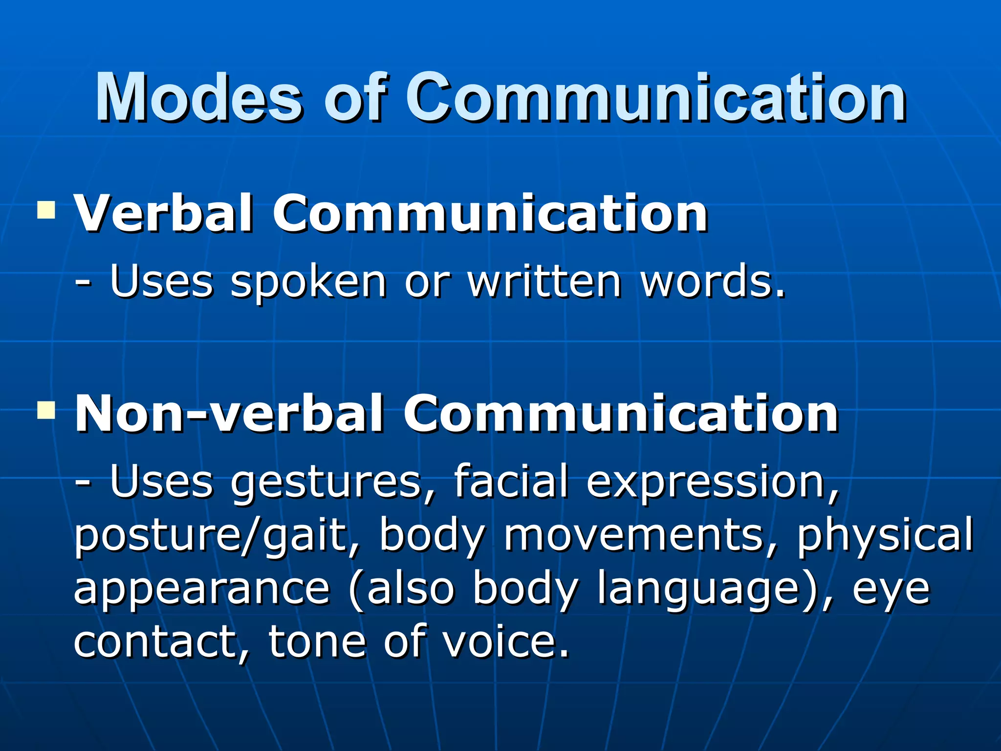 Modes of Communication Verbal Communication   - Uses spoken or written words. Non-verbal Communication   - Uses gestures, facial expression, posture/gait, body movements, physical appearance (also body language), eye contact, tone of voice. 