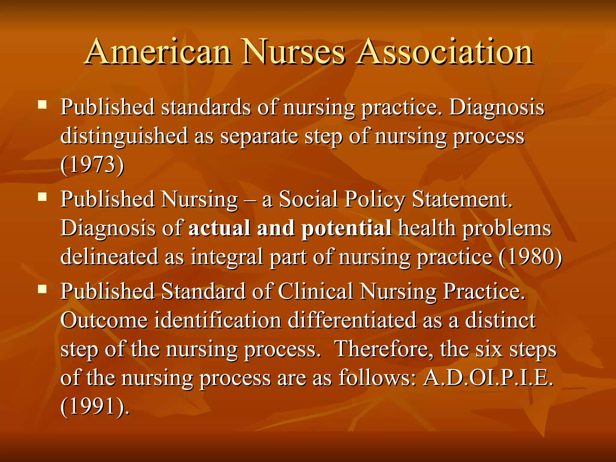 American Nurses Association Published standards of nursing practice. Diagnosis distinguished as separate step of nursing process (1973) Published Nursing – a Social Policy Statement.  Diagnosis of  actual and potential  health problems delineated as integral part of nursing practice (1980) Published Standard of Clinical Nursing Practice.  Outcome identification differentiated as a distinct step of the nursing process.  Therefore, the six steps of the nursing process are as follows: A.D.OI.P.I.E. (1991). 