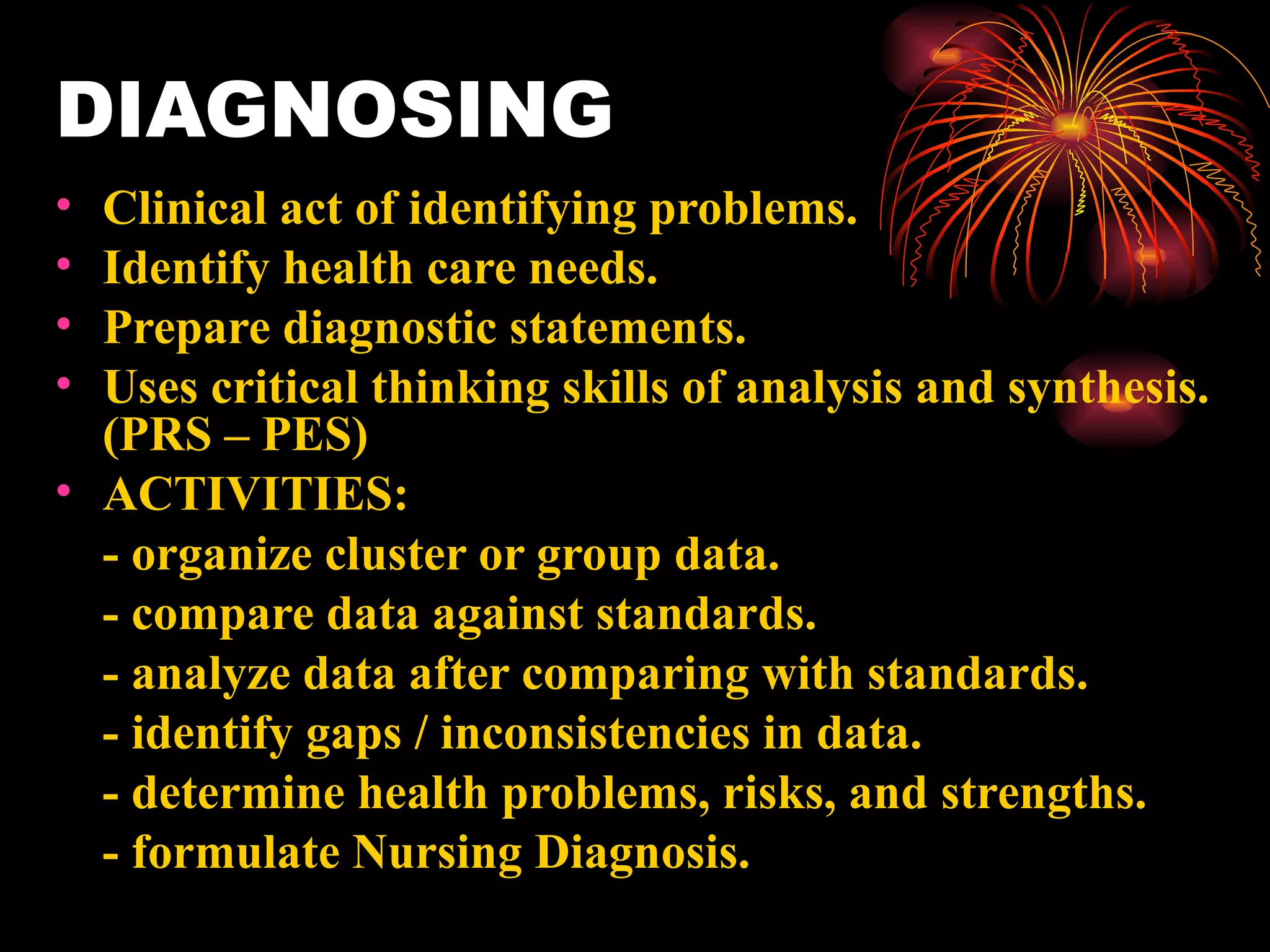 DIAGNOSING Clinical act of identifying problems. Identify health care needs. Prepare diagnostic statements. Uses critical thinking skills of analysis and synthesis.  (PRS – PES) ACTIVITIES: - organize cluster or group data. - compare data against standards. - analyze data after comparing with standards. - identify gaps / inconsistencies in data. - determine health problems, risks, and strengths. - formulate Nursing Diagnosis. 