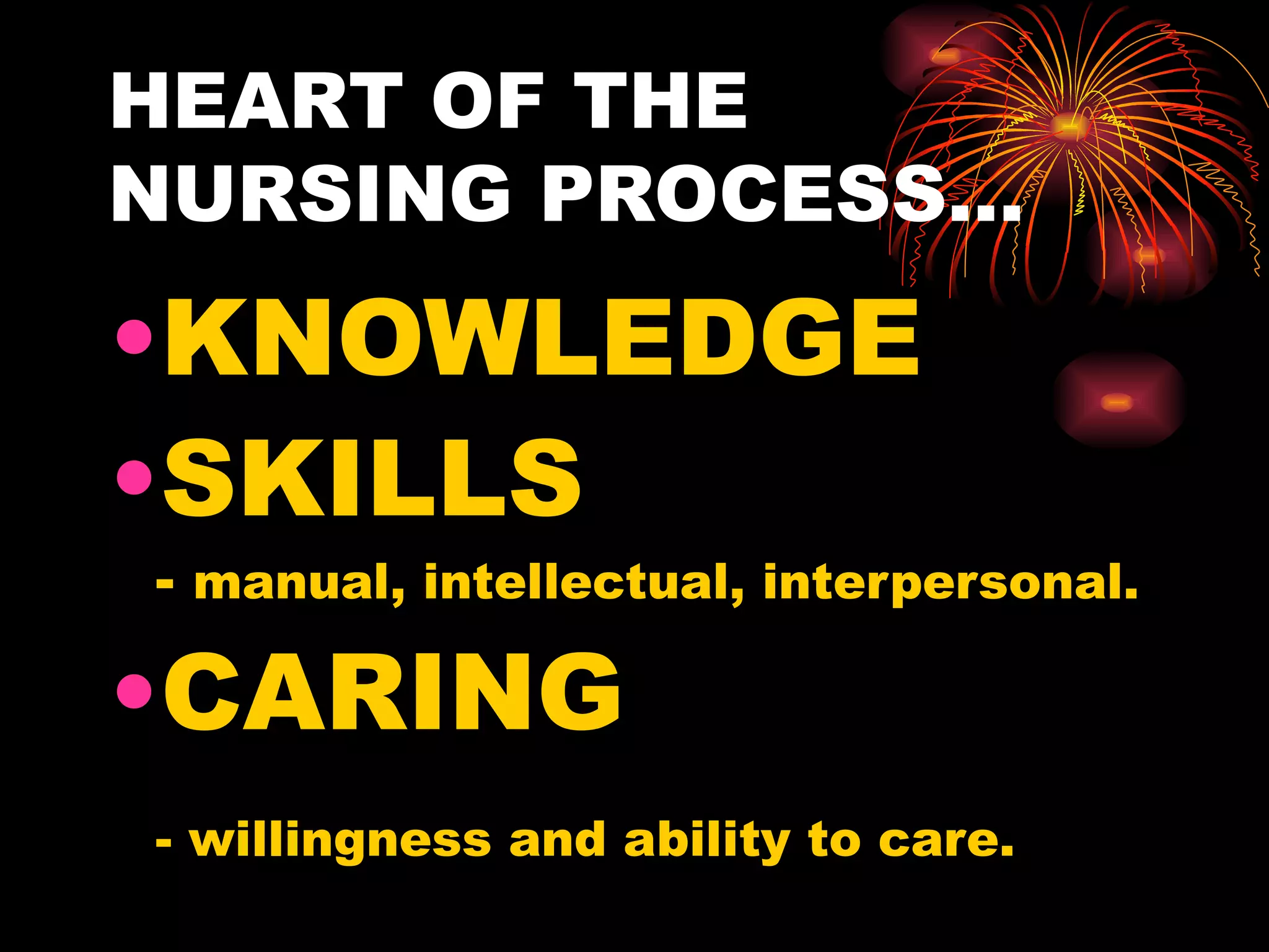 HEART OF THE NURSING PROCESS… KNOWLEDGE SKILLS -  manual, intellectual, interpersonal. CARING - willingness and ability to care. 