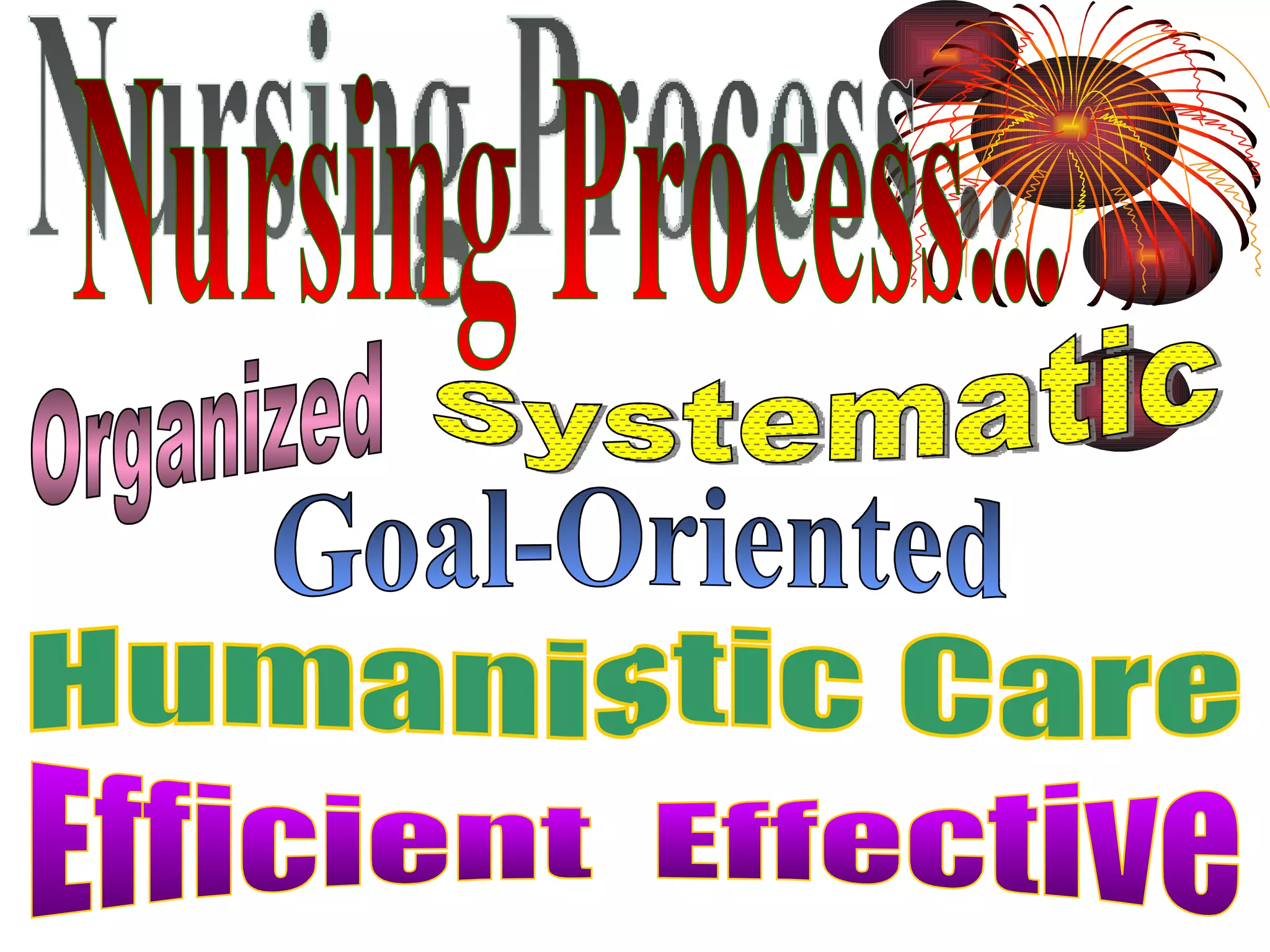 Nursing Process... Organized Systematic Goal-Oriented Humanistic Care Efficient  Effective 