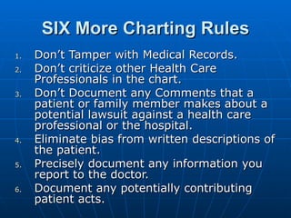SIX More Charting Rules Don’t Tamper with Medical Records. Don’t criticize other Health Care Professionals in the chart. Don’t Document any Comments that a patient or family member makes about a potential lawsuit against a health care professional or the hospital. Eliminate bias from written descriptions of the patient. Precisely document any information you report to the doctor. Document any potentially contributing patient acts. 