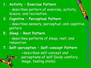Activity – Exercise Pattern - describes pattern of exercise, activity, leisure, and recreation. Cognitive – Perceptual Pattern - describes sensory, perceptual, and cognitive pattern Sleep – Rest Pattern - describes patterns of sleep, rest, and relaxation. 7.   Self-perception – Self-concept Pattern - describes self-concept and  perceptions of self (body comfory,  image, feeling state) 