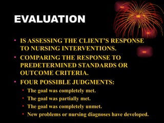 EVALUATION IS ASSESSING THE CLIENT’S RESPONSE TO NURSING INTERVENTIONS. COMPARING THE RESPONSE TO PREDETERMINED STANDARDS OR OUTCOME CRITERIA. FOUR POSSIBLE JUDGMENTS: The goal was completely met. The goal was partially met. The goal was completely unmet. New problems or nursing diagnoses have developed. 