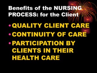 Benefits of the NURSING PROCESS: for the Client QUALITY CLIENT CARE CONTINUITY OF CARE PARTICIPATION BY CLIENTS IN THEIR HEALTH CARE 