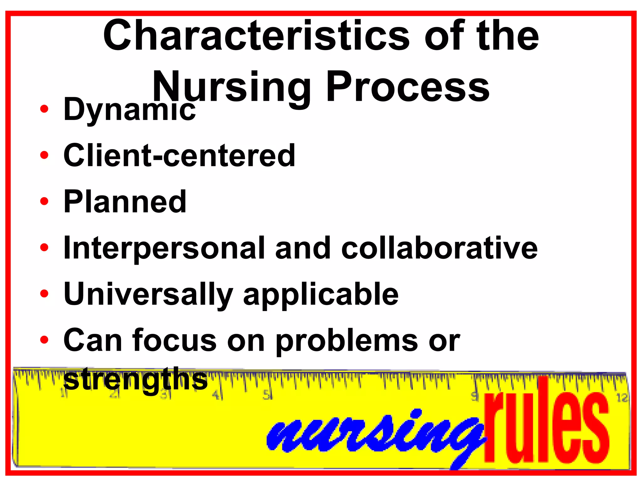 Characteristics of the Nursing ProcessDynamicClient-centeredPlannedInterpersonal and collaborativeUniversally applicableCan focus on problems or strengths