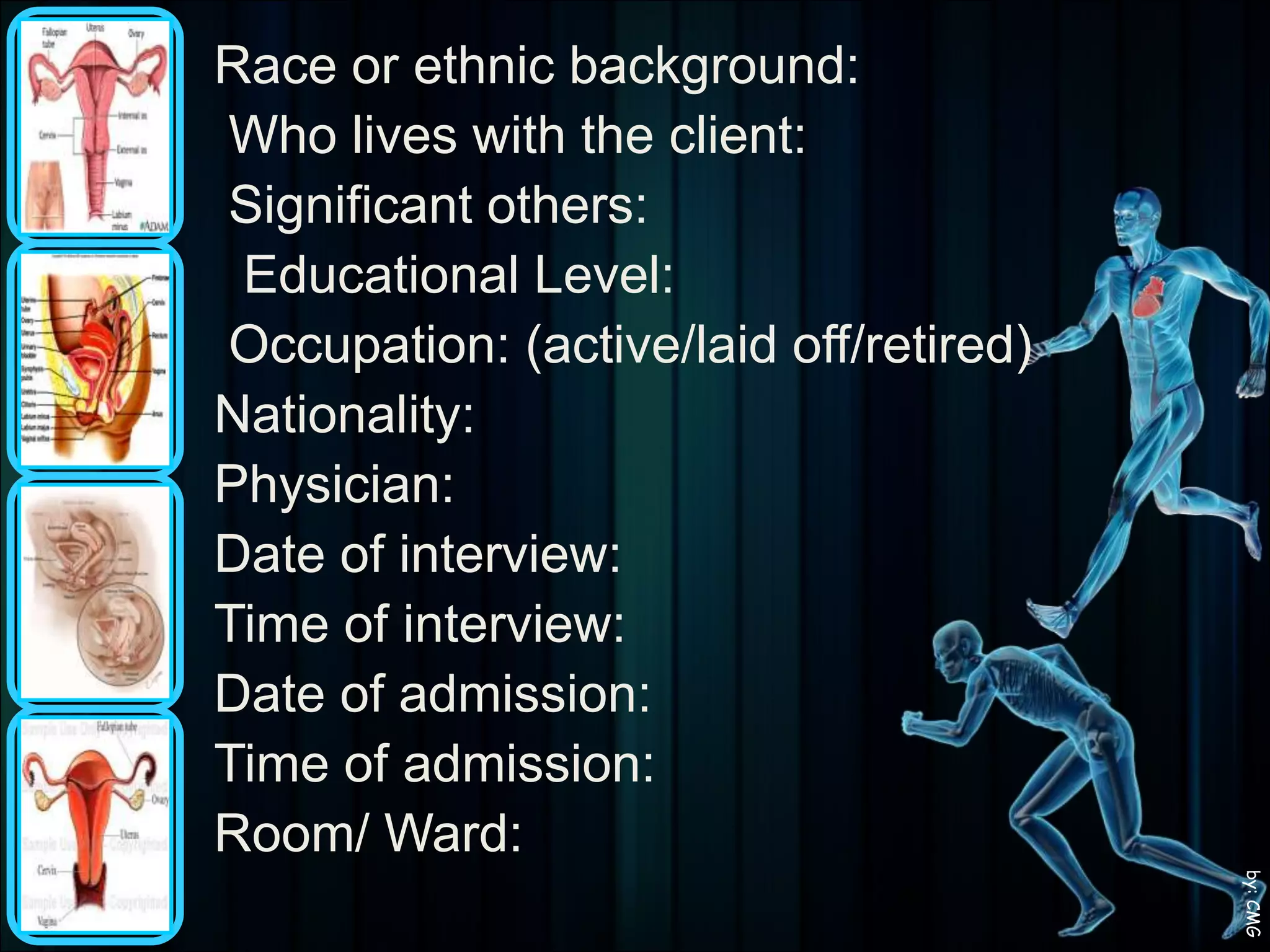        Categories of Nursing DiagnosesWELLNESS RISK ACTUALHuman responses that may develop in a vulnerable individual, family, or community (NANDA,2003-2004)“Risk for…”-Risk for Disturbed Body Image.-Risk for Interrupted Family processes.-Risk for Ineffective Breast-feeding.-Risk for impaired Skin integrityHuman responses to health conditions/life processes that exist (NANDA,2003-2004)“Nursing diagnoses and related to cause”-Disturbed Body Image related to wound on hand that is not healing.-Dysfunctional Family Processes: Alcoholism.-Ineffective Breast-feeding related to poor mother-infant attachment.-Impaired Skin Integrity related to immobility