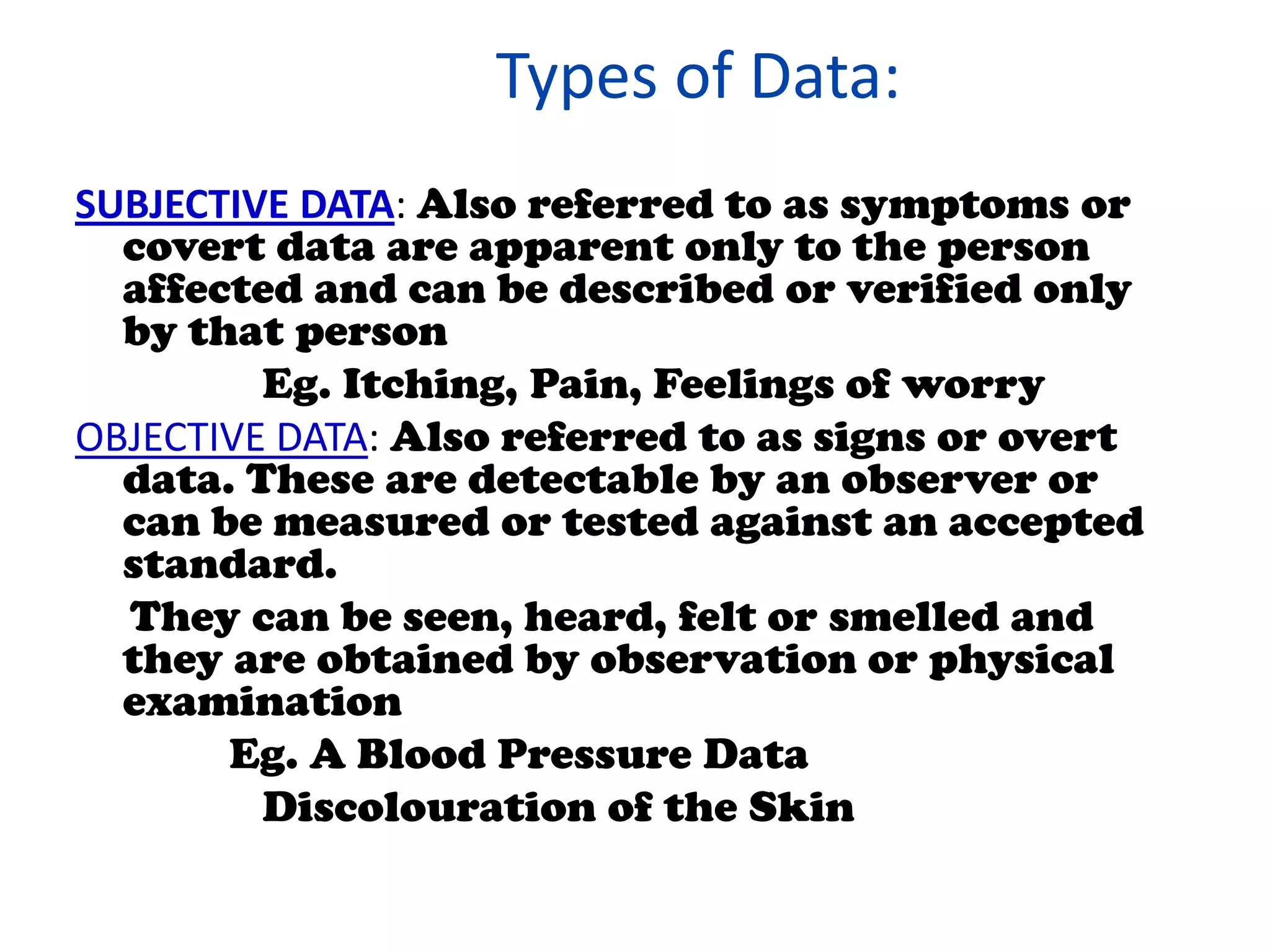 Objective Data vs. Subjective DataObjective dataObservable and measurable data that can be seen, heard, or felt by someone other than the person experiencing themE.g., elevated temperature, skin moisture, vomitingSubjective dataInformation perceived only by the affected personE.g., pain experience, feeling dizzy, feeling anxious