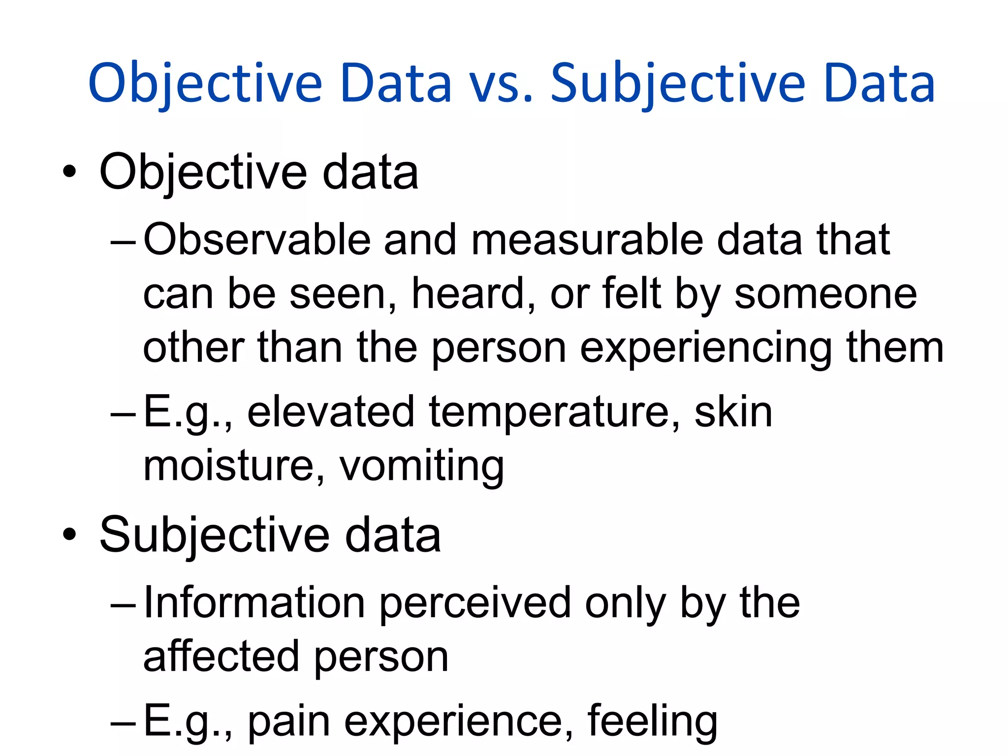 COMPARING SUBJECTIVE AND OBJECTIVE DATAData elicited and verified by the clientClient Family and significant others.Client recordOther health care professionalsClient interviewInterview and therapeutic communication skills.Caring ability and empathy.Listening skills.“I have a headache.”“It frightens me.”“I am not hungry.”Data directly or indirectly observed through measurement Observation and Physical examinationInspectionPalpationPercussionAuscultationRespiration is 16 per minute.BP 180/100 mmhg, apical pulse 80 bpm and irregularX-ray film reveals fractured ribsDescription