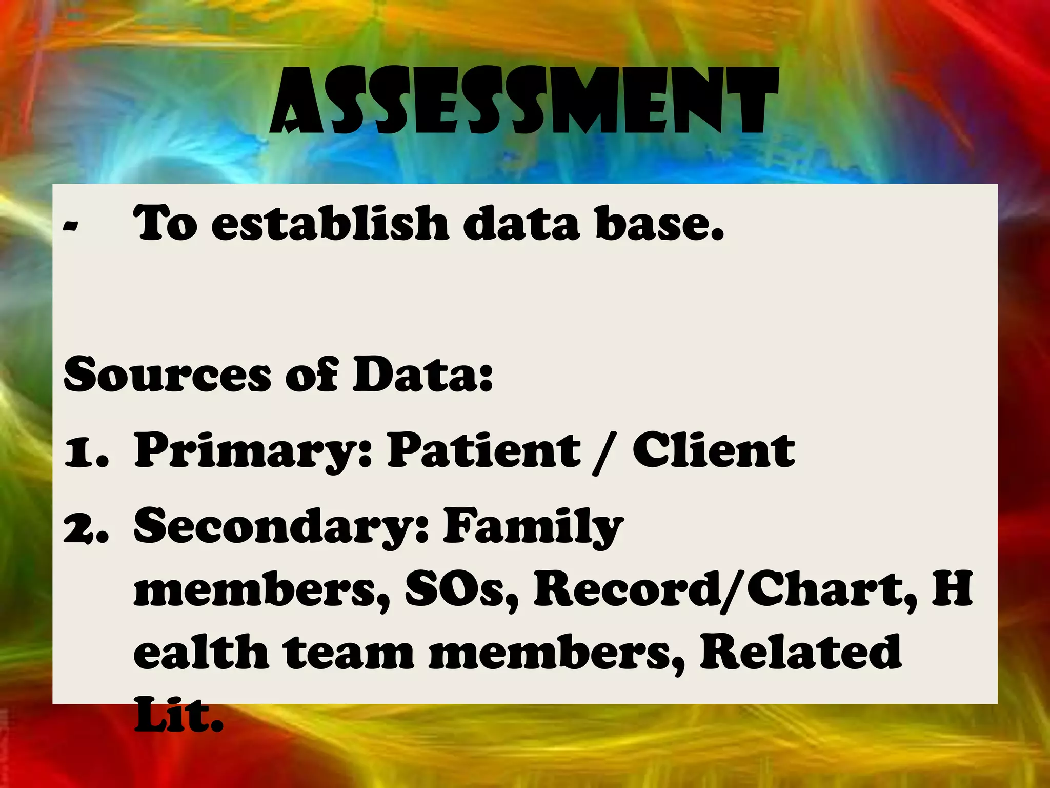 Observable, measurable dataPossible approaches—body systems, head to toe, or functional health patternsMethods of physical assessmentInspection 