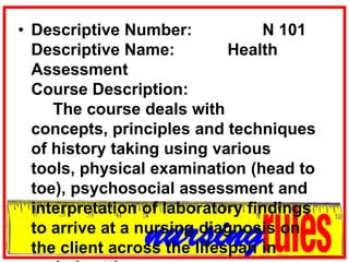 Descriptive Number: 		N 101Descriptive Name:		Health AssessmentCourse Description:		The course deals with concepts, principles and techniques of history taking using various tools, physical examination (head to toe), psychosocial assessment and interpretation of laboratory findings to arrive at a nursing diagnosis on the client across the lifespan in varied settings. 