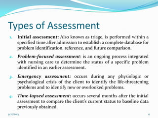 Types of Assessment
1. Initial assessment: Also known as triage, is performed within a
specified time after admission to establish a complete database for
problem identification, reference, and future comparison.
2. Problem-focused assessment: is an ongoing process integrated
with nursing care to determine the status of a specific problem
identified in an earlier assessment.
3. Emergency assessment: occurs during any physiologic or
psychological crisis of the client to identify the life-threatening
problems and to identify new or overlooked problems.
4. Time-lapsed assessment: occurs several months after the initial
assessment to compare the client’s current status to baseline data
previously obtained.
9/27/2013 12
 