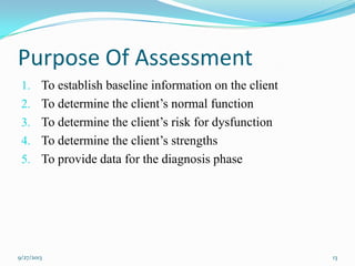 Purpose Of Assessment
1. To establish baseline information on the client
2. To determine the client’s normal function
3. To determine the client’s risk for dysfunction
4. To determine the client’s strengths
5. To provide data for the diagnosis phase
9/27/2013 13
 