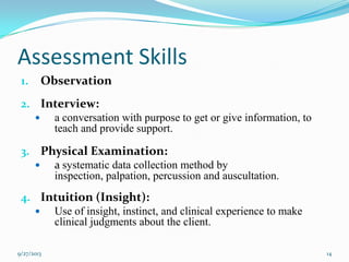 Assessment Skills
1. Observation
2. Interview:
 a conversation with purpose to get or give information, to
teach and provide support.
3. Physical Examination:
 a systematic data collection method by
inspection, palpation, percussion and auscultation.
4. Intuition (Insight):
 Use of insight, instinct, and clinical experience to make
clinical judgments about the client.
9/27/2013 14
 