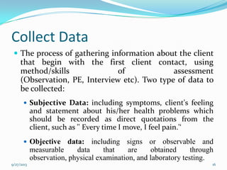 Collect Data
 The process of gathering information about the client
that begin with the first client contact, using
method/skills of assessment
(Observation, PE, Interview etc). Two type of data to
be collected:
 Subjective Data: including symptoms, client's feeling
and statement about his/her health problems which
should be recorded as direct quotations from the
client, such as '' Every time I move, I feel pain.'‘
 Objective data: including signs or observable and
measurable data that are obtained through
observation, physical examination, and laboratory testing.
9/27/2013 16
 
