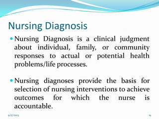  Nursing Diagnosis is a clinical judgment
about individual, family, or community
responses to actual or potential health
problems/life processes.
 Nursing diagnoses provide the basis for
selection of nursing interventions to achieve
outcomes for which the nurse is
accountable.
Nursing Diagnosis
9/27/2013 19
 