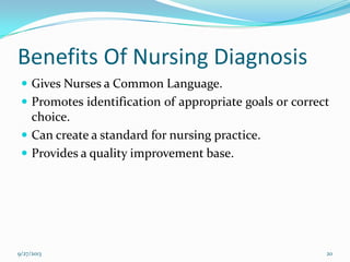 Benefits Of Nursing Diagnosis
 Gives Nurses a Common Language.
 Promotes identification of appropriate goals or correct
choice.
 Can create a standard for nursing practice.
 Provides a quality improvement base.
9/27/2013 20
 