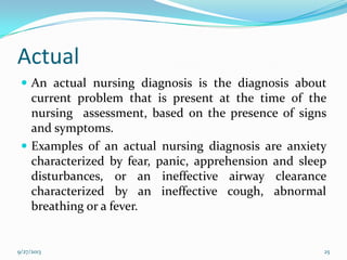 Actual
 An actual nursing diagnosis is the diagnosis about
current problem that is present at the time of the
nursing assessment, based on the presence of signs
and symptoms.
 Examples of an actual nursing diagnosis are anxiety
characterized by fear, panic, apprehension and sleep
disturbances, or an ineffective airway clearance
characterized by an ineffective cough, abnormal
breathing or a fever.
9/27/2013 25
 