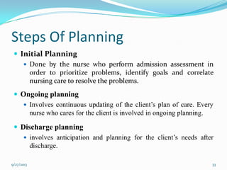 Steps Of Planning
 Initial Planning
 Done by the nurse who perform admission assessment in
order to prioritize problems, identify goals and correlate
nursing care to resolve the problems.
 Ongoing planning
 Involves continuous updating of the client’s plan of care. Every
nurse who cares for the client is involved in ongoing planning.
 Discharge planning
 involves anticipation and planning for the client’s needs after
discharge.
9/27/2013 33
 