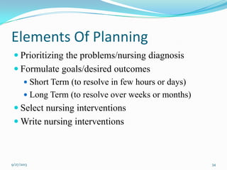 Elements Of Planning
 Prioritizing the problems/nursing diagnosis
 Formulate goals/desired outcomes
 Short Term (to resolve in few hours or days)
 Long Term (to resolve over weeks or months)
 Select nursing interventions
 Write nursing interventions
9/27/2013 34
 