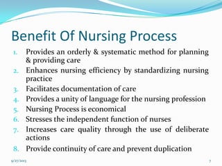Benefit Of Nursing Process
1. Provides an orderly & systematic method for planning
& providing care
2. Enhances nursing efficiency by standardizing nursing
practice
3. Facilitates documentation of care
4. Provides a unity of language for the nursing profession
5. Nursing Process is economical
6. Stresses the independent function of nurses
7. Increases care quality through the use of deliberate
actions
8. Provide continuity of care and prevent duplication
9/27/2013 7
 