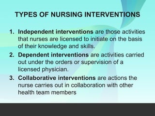 TYPES OF NURSING INTERVENTIONS
1. Independent interventions are those activities
that nurses are licensed to initiate on the basis
of their knowledge and skills.
2. Dependent interventions are activities carried
out under the orders or supervision of a
licensed physician.
3. Collaborative interventions are actions the
nurse carries out in collaboration with other
health team members
 