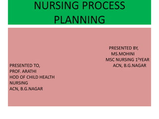 NURSING PROCESS
PLANNING
PRESENTED BY,
MS.MOHINI
MSC NURSING 1SYEAR
PRESENTED TO, ACN, B.G.NAGAR
PROF. ARATHI
HOD OF CHILD HEALTH
NURSING
ACN, B.G.NAGAR
 